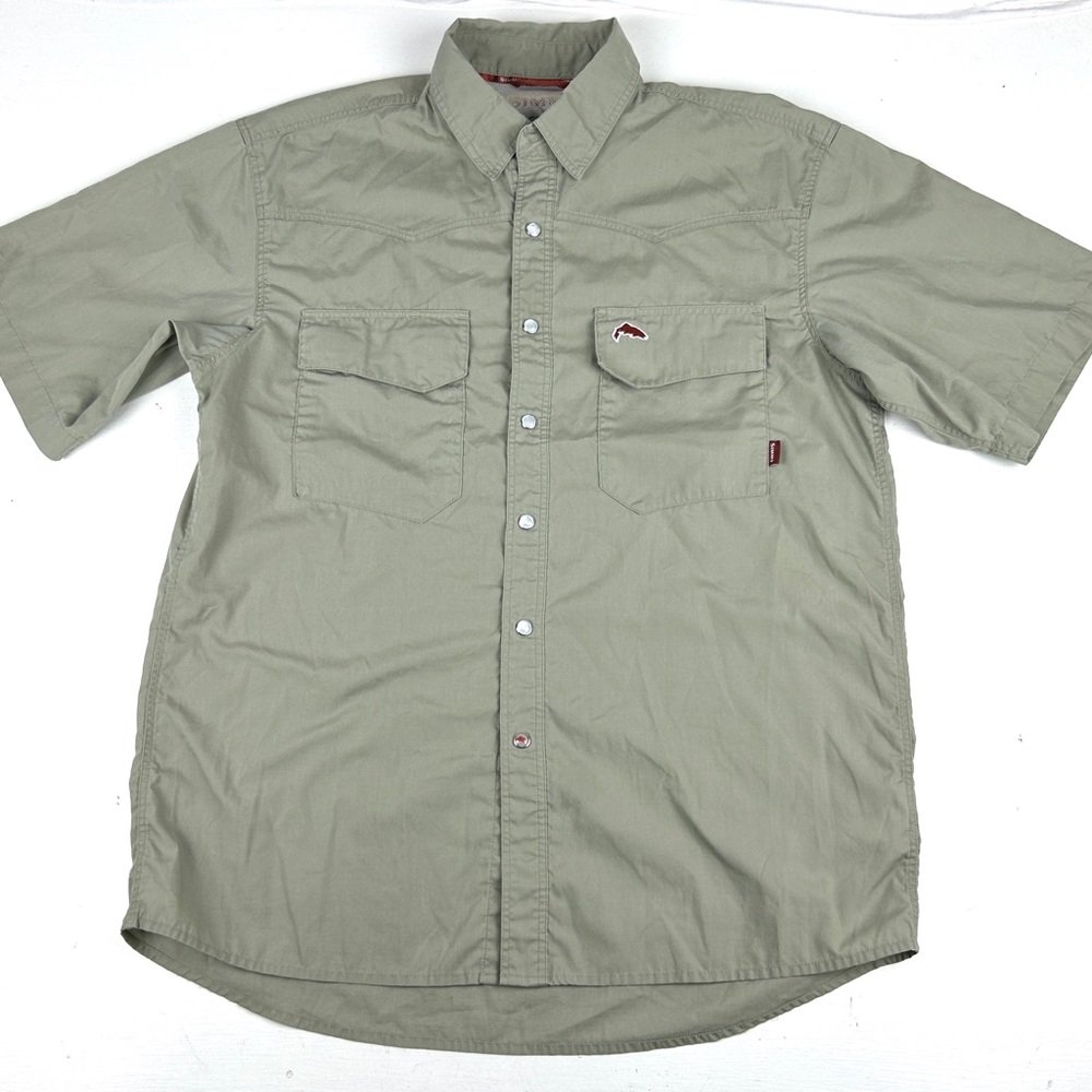Simms Shirt Mens Small Khaki Short Sleeve Vented Fly Fishing COR3 Pearl Snap
